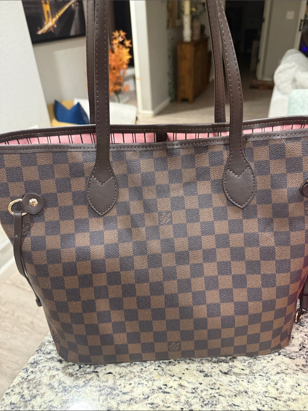 Neverfull MM Checkered Tote Brown & Black